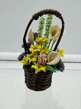 Miniature Flower Bouquet in Basket Dollhouse Decor Cala Lily Daisies